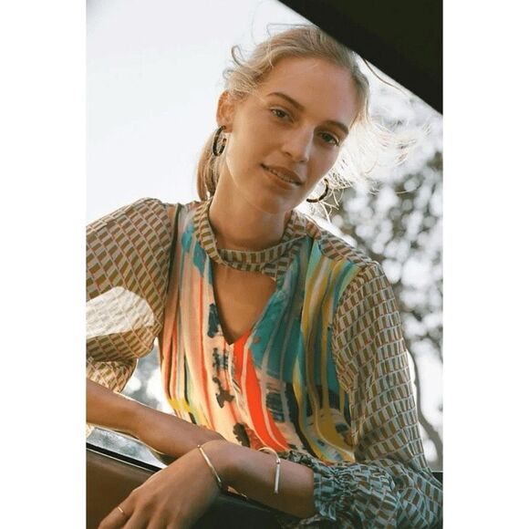 Anthropologie Conditions Apply Women’s Multi Viscose Neck Tie Semi Sheer Blouse - Picture 13 of 15